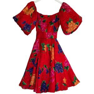 Vintage 1980s Raul Blanco Silk Dress Red Floral Puff Sleeve Belted Size 14